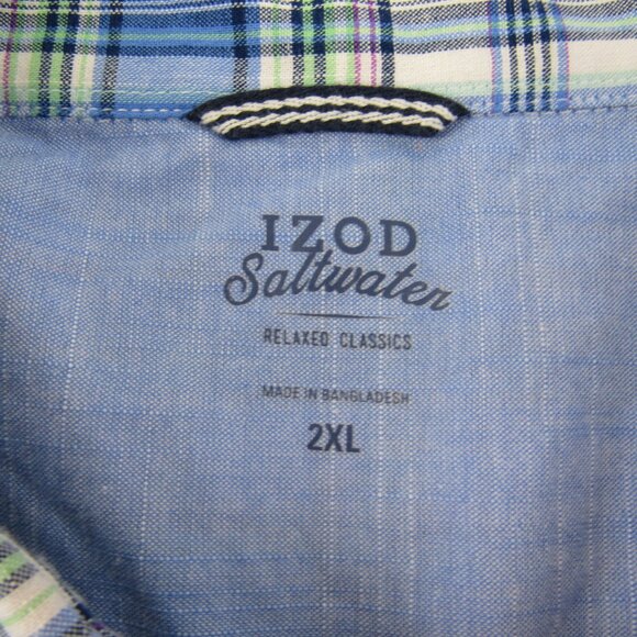 IZOD Saltwater Dockside Blue Plaid Chambray Short Sleeve Button Up Shirt 2XL - Picture 11 of 12